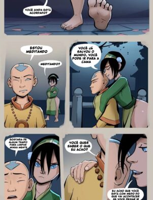 Provocando o Avatar: Toph seduz Aang em momento de meditação” em HQ Brasileiro